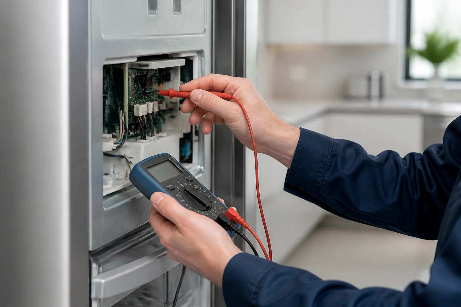 Мастер проверяет электронный модуль холодильника мультиметром